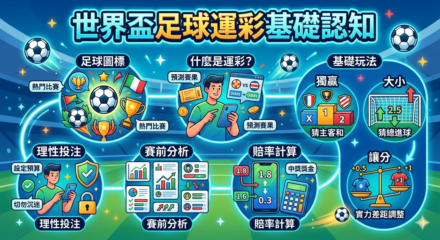 這是一張關於「世界盃足球運彩基礎認知」的資訊圖表，以足球場為背景，清晰地呈現了投注流程、運彩玩法、賠率計算及理性投注建議。 畫面結構井然有序，輔以生動的圖示與關鍵文字，幫助使用者快速理解參與足球運彩的核心概念與賽前分析要素。