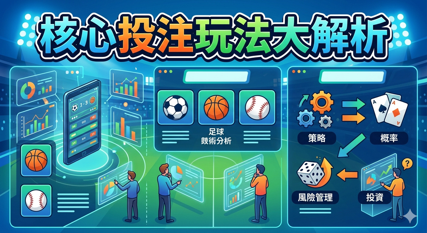 這是一張關於運動賽事投注分析的插圖,畫面以數據圖表與分析介面呈現核心主題「核心投注玩法大解析」。 圖中結合了各類球賽圖示與數據分析工具,並透過人物操作介面來展現策略規劃、風險管理及機率分析的過程。