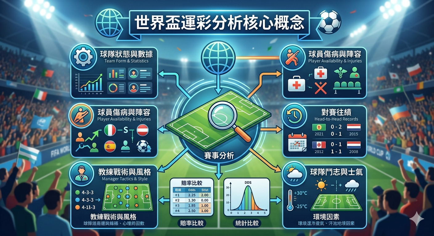 這是一張以「世界盃運彩分析核心概念」為標題的資訊圖表,展示了包含球隊數據、球員狀態、對賽紀錄及環境因素等關鍵分析指標。 圖像以熱鬧的足球場為背景,透過各類圖示與數據圖表,系統性地呈現了進行賽事分析時所需的各項專業評估維度。