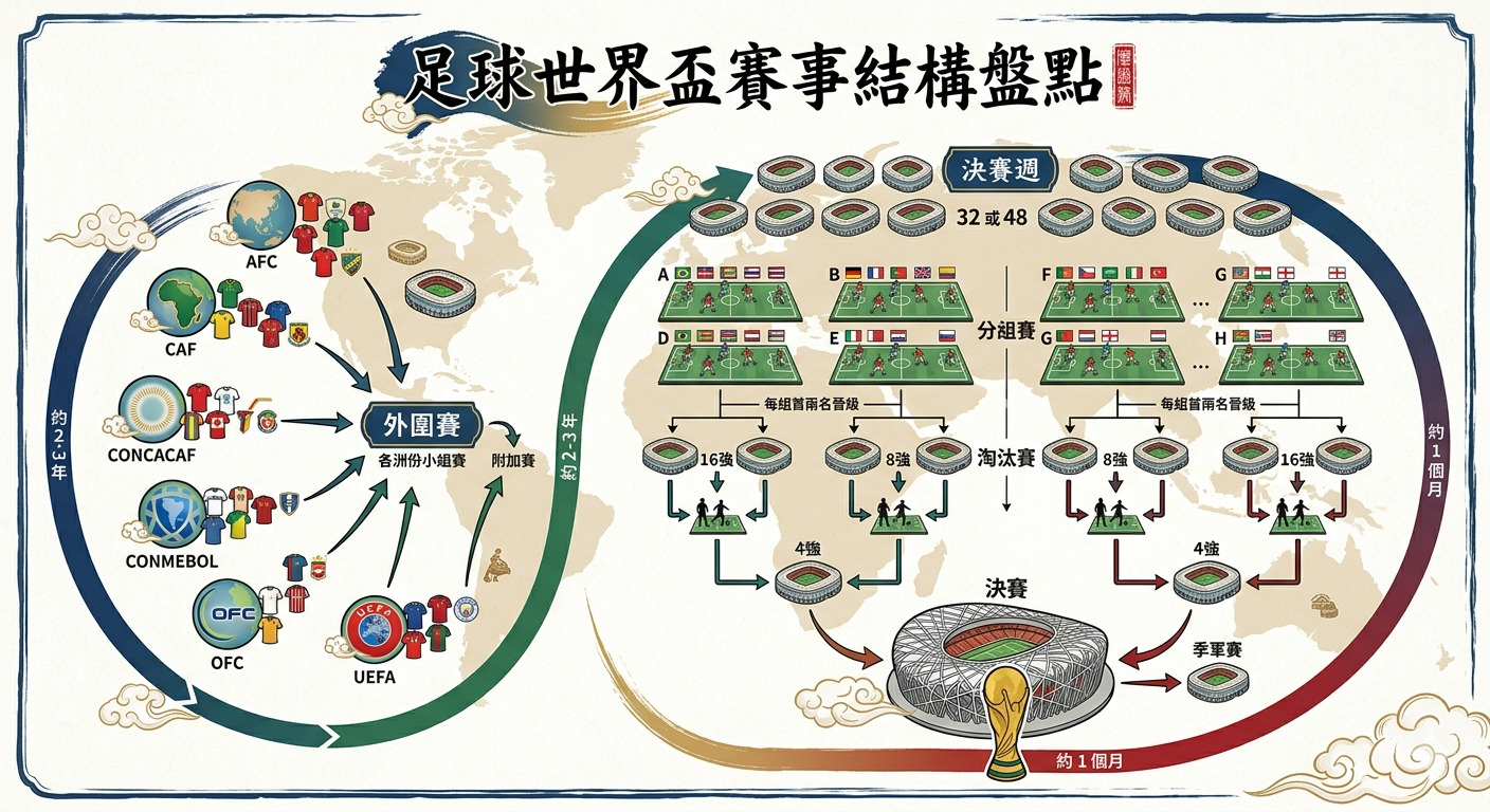 這張圖表清晰呈現了足球世界盃的賽事結構,涵蓋了從洲際外圍賽到最終淘汰賽的完整流程。 透過圖像化設計與賽程編排,詳細展示了各賽區的分組、晉級機制以及爭奪冠軍的決賽路徑。